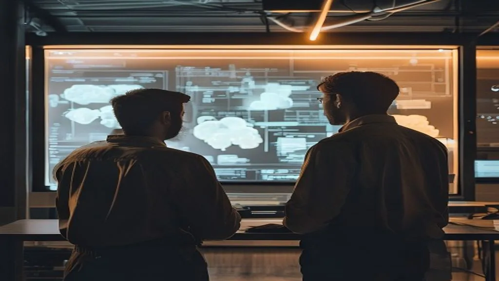 Two colleagues in front of a large wall screen showing cloud diagrams in a darkened room