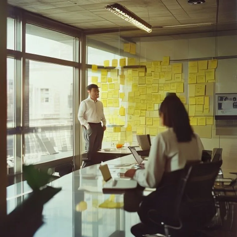 Workshop in een vergaderruimte: een man staat bij een glazen wand vol gele post-its terwijl een collega aantekeningen maakt op een laptop