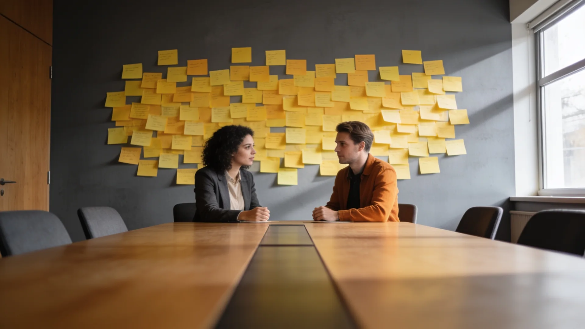 Meeting room with a wall covered in yellow sticky notes and two colleagues at a long table