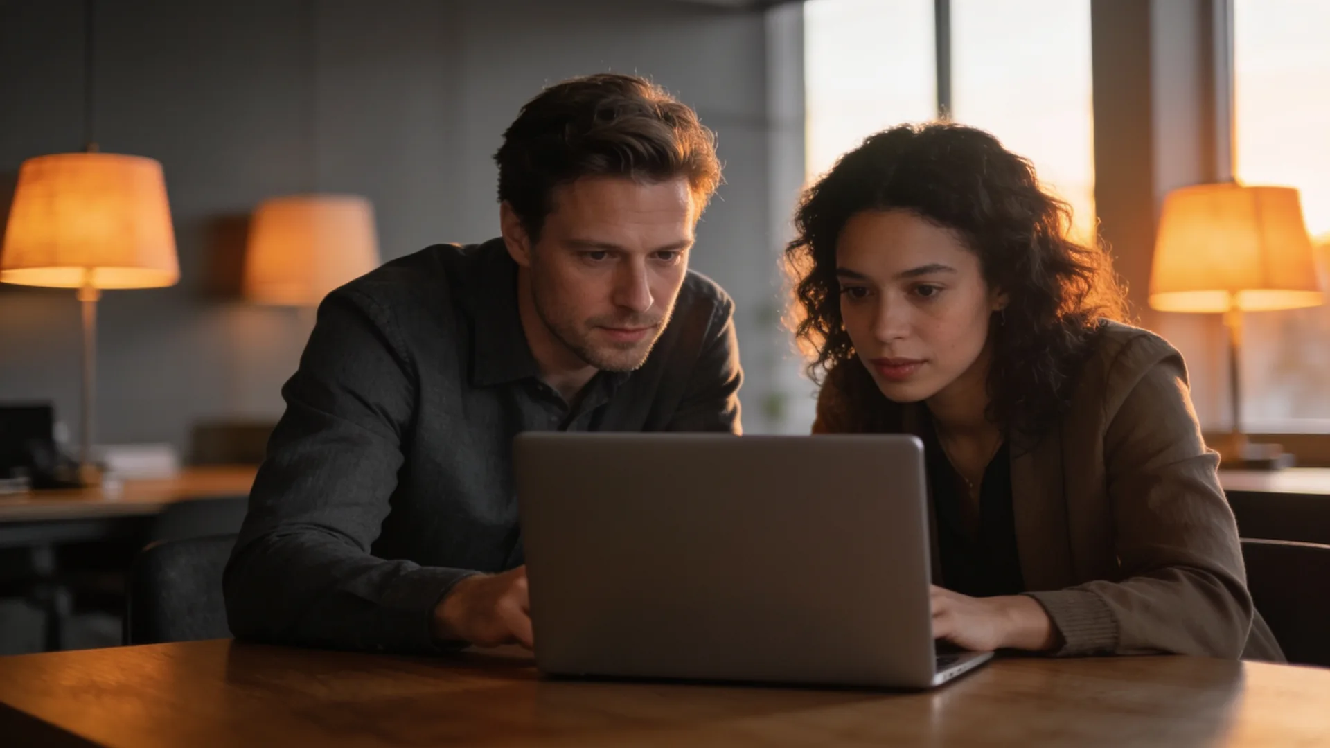 Deux collègues à une table avec un ordinateur portable entre eux dans un bureau à la lumière chaude