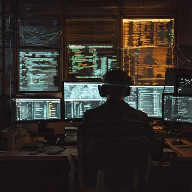 Security analyst in a dimly lit room behind multiple screens showing log data and network graphs