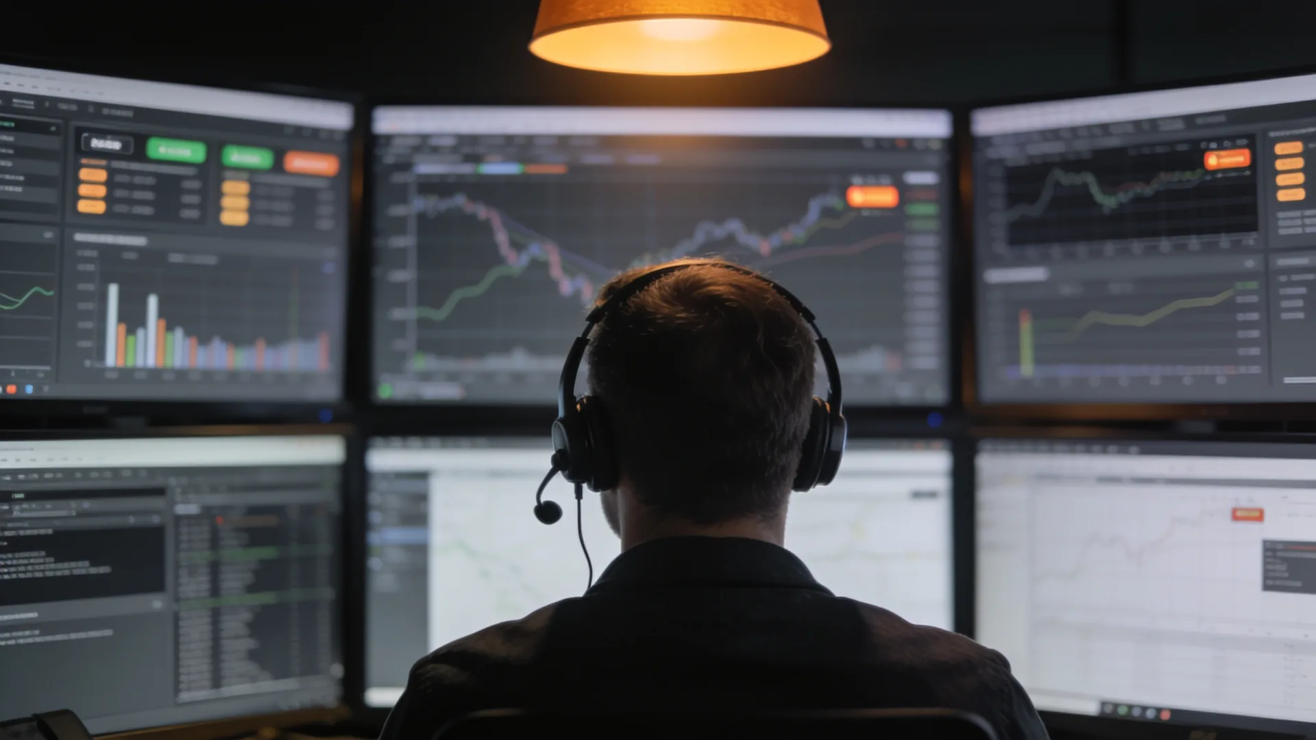 Analyst wearing a headset in front of a wall of monitoring screens in a darkened room