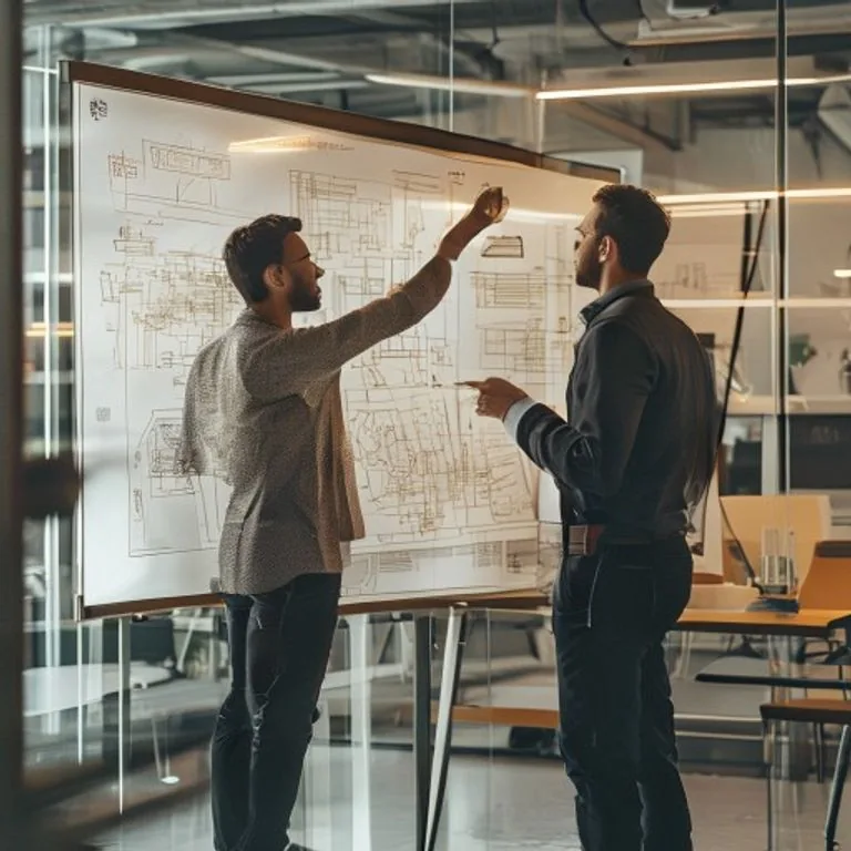Two IT colleagues at a glass whiteboard covered in architecture sketches; one of them points at part of the diagram while they discuss it