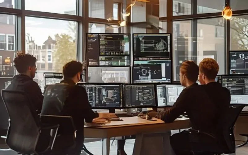 Quatre collègues à une table avec plusieurs écrans remplis de code et de tableaux de bord dans un bureau lumineux