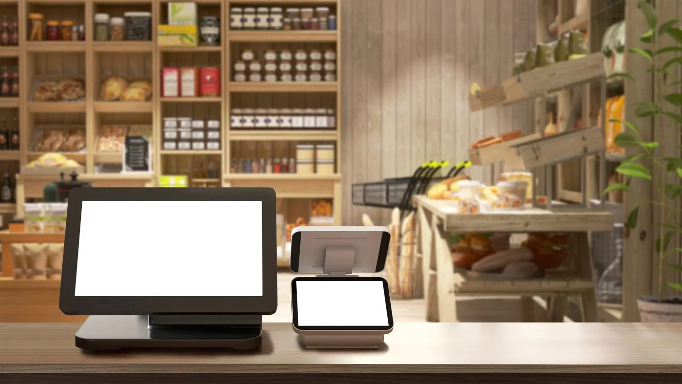 Till terminal and card reader on the counter of a shop with stocked shelves