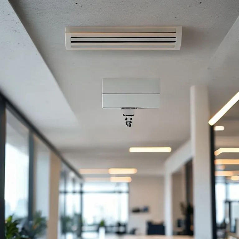 White access point on the ceiling of a bright office building, photographed from below