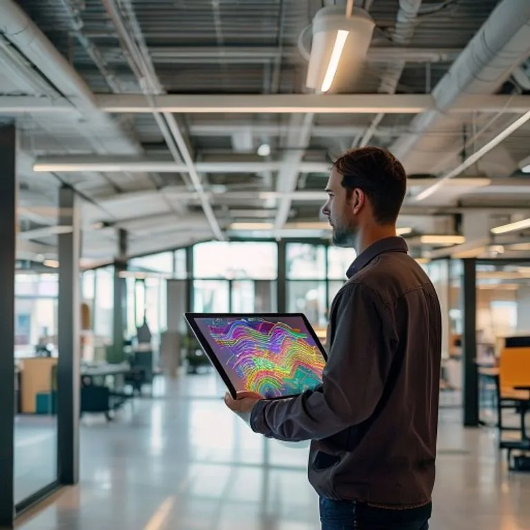 Network engineer holding a tablet showing a colour-coded Wi-Fi heatmap in an open-plan office