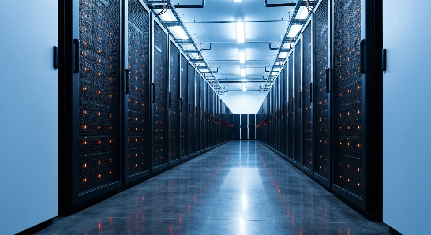 Long aisle between black server racks with orange lights in a data centre
