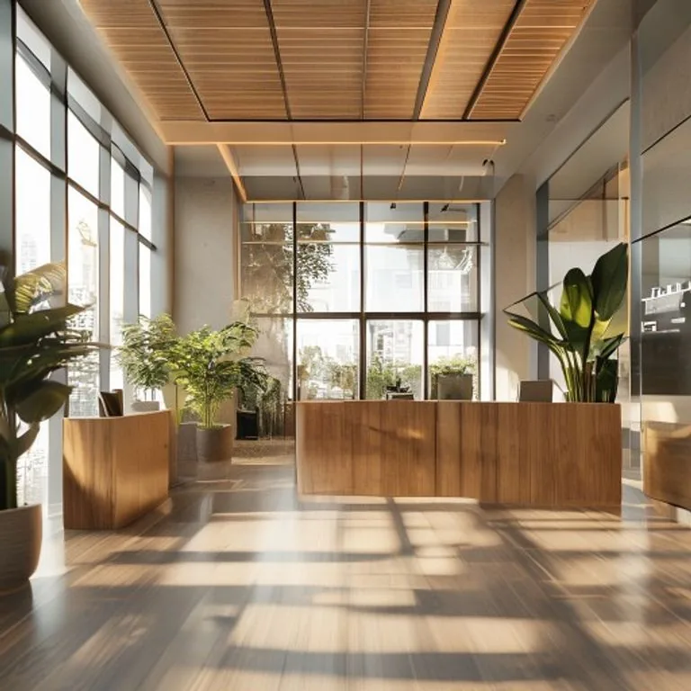 Bright reception hall with a wooden desk, plants and large windows