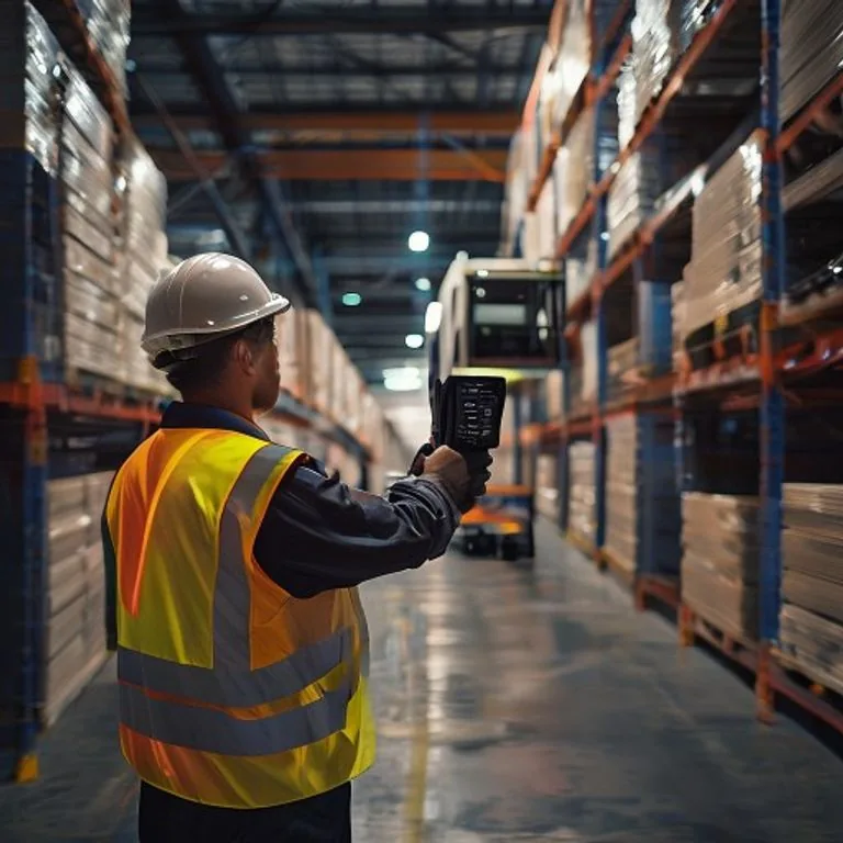 Préparateur de commandes avec un scanner entre de hauts rayonnages dans un centre logistique